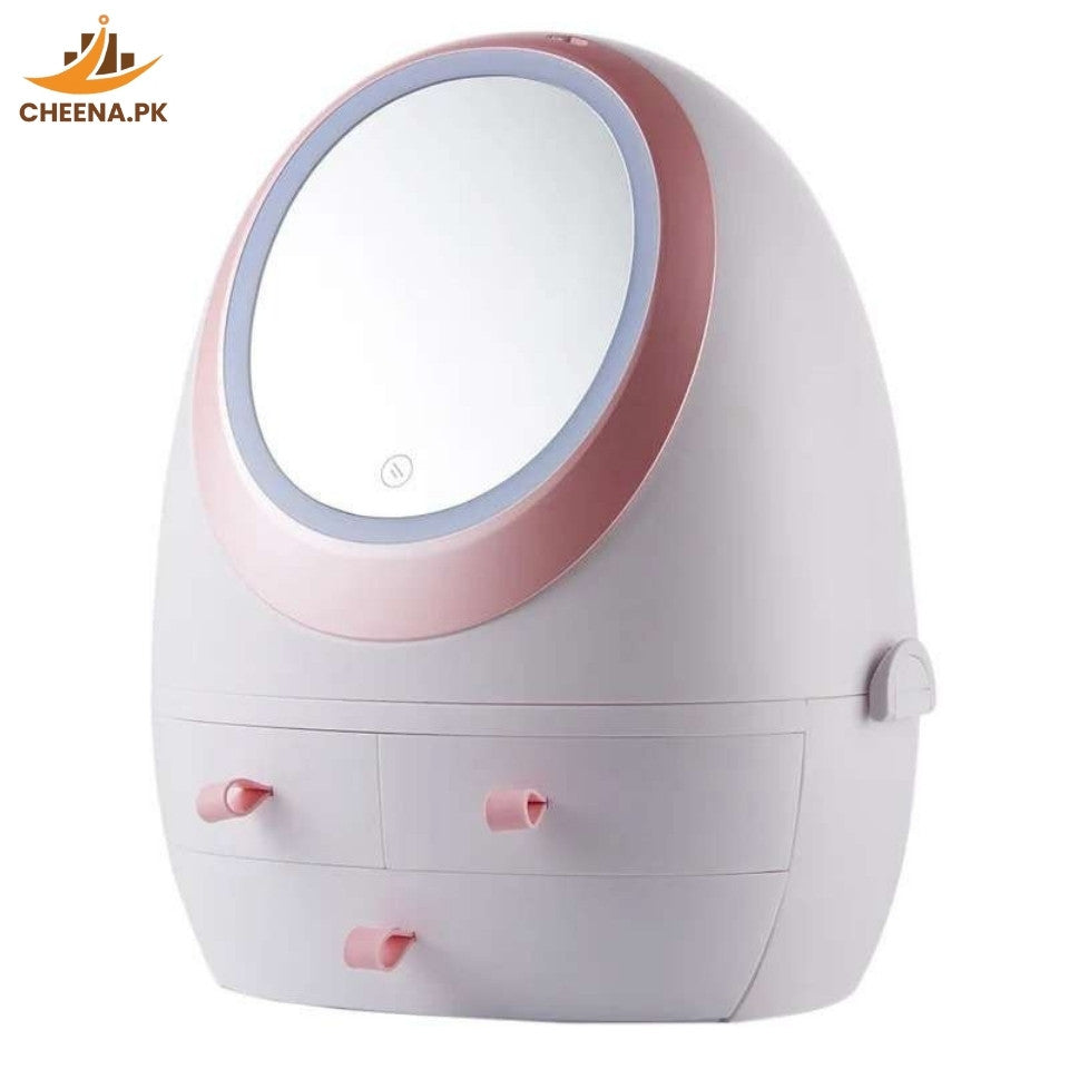 Oval Mirror Cosmetic Storage Organizer | LED Light Makeup Storage Box