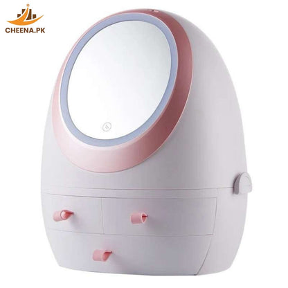 Oval Mirror Cosmetic Storage Organizer | LED Light Makeup Storage Box