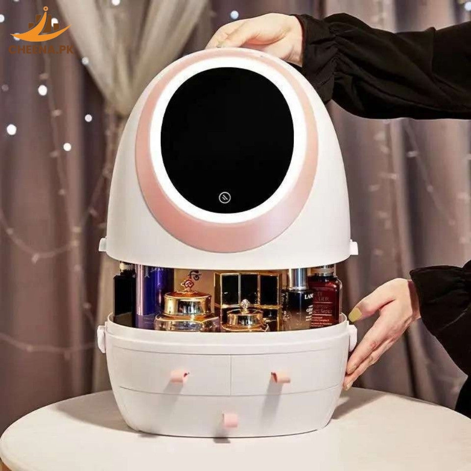 Oval Mirror Cosmetic Storage Organizer | LED Light Makeup Storage Box