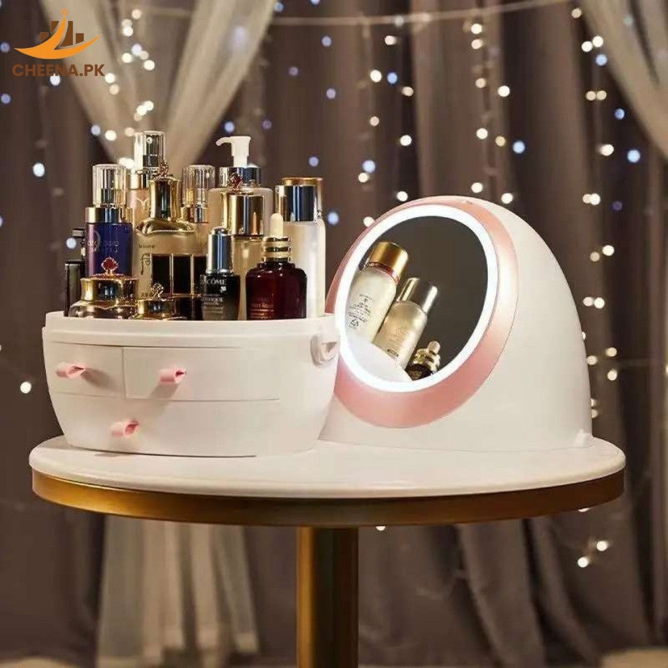 Oval Mirror Cosmetic Storage Organizer | LED Light Makeup Storage Box
