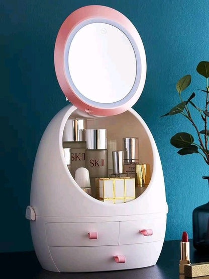 Oval Mirror Cosmetic Storage Organizer | LED Light Makeup Storage Box