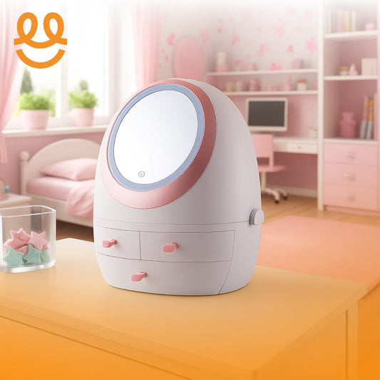 Oval Mirror Cosmetic Storage Organizer | LED Light Makeup Storage Box
